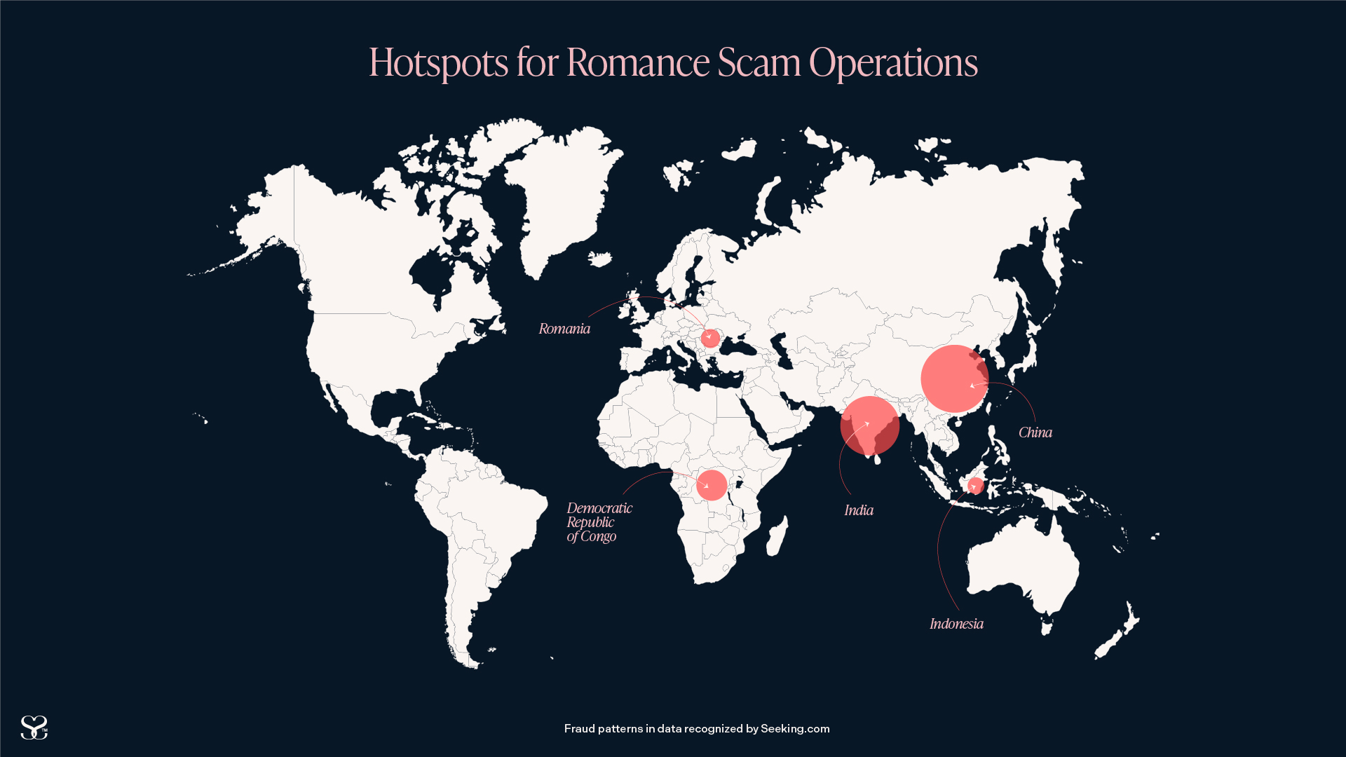 Infographic displaying romance scam hotspots on a world map