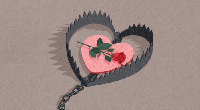 A heart-shaped bear trap with a rose used as bait