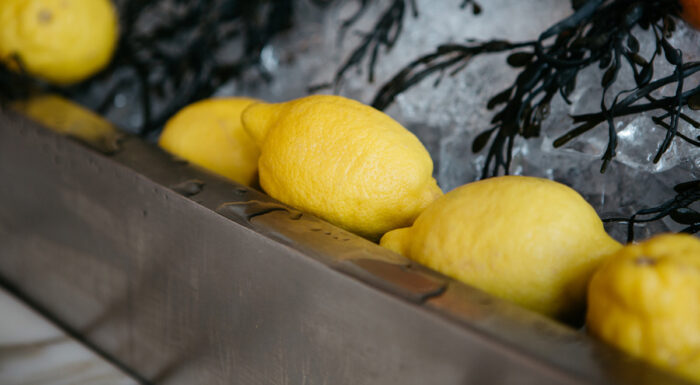 Fresh yellow lemons rest in a brushed metal trough filled with ice, accented by dark seaweed and soft natural light. The close-up composition highlights texture, color contrast, and a refined coastal aesthetic often associated with upscale seafood and fine dining presentations.