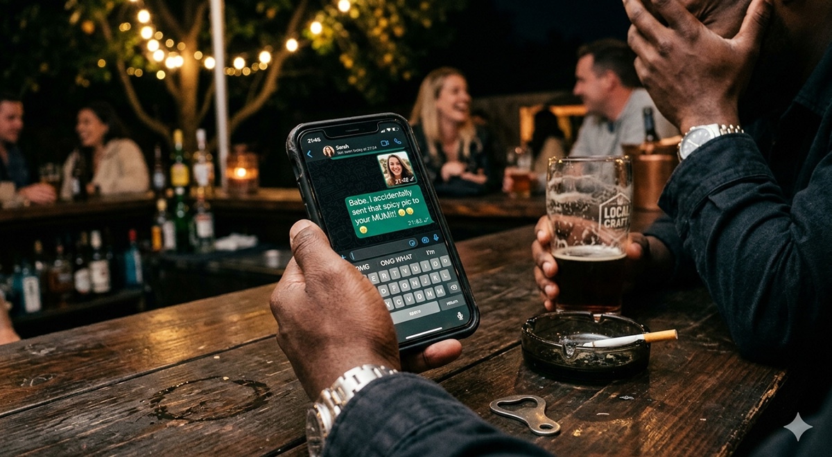 A person sits at an outdoor bar holding a smartphone displaying a messaging app with an accidental text message on the screen, while friends socialize in the softly blurred background under string lights. A beer glass, ashtray, and bottle opener rest on the wooden bar, illustrating the risks of texting in social settings.