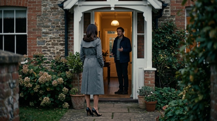 Man and woman having a conversation through the doorway of a home