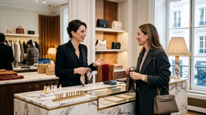 AI-generated image of a stylish shopper and boutique associate share a conversation at a marble service counter in a high-end fashion boutique. Surrounded by curated accessories, designer handbags, and sophisticated interiors, the scene captures the personalized service and elevated experience associated with luxury retail.
