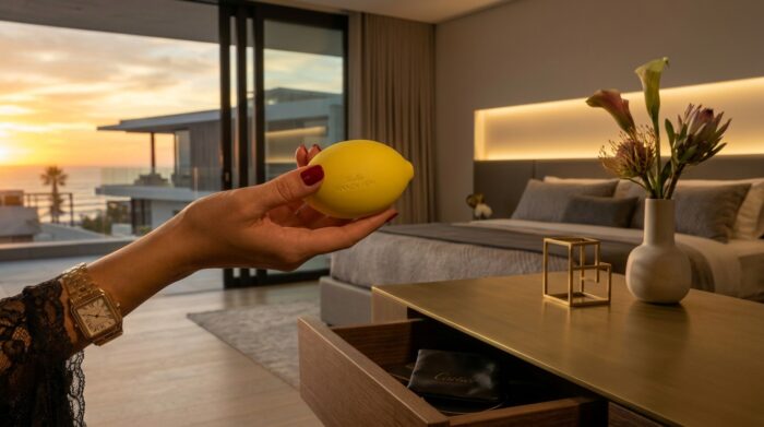 AI-generated image of a manicured hand with red nail polish and a gold luxury watch holds a yellow lemon-shaped personal massager above a modern nightstand with a partially open drawer. In the background, a spacious contemporary bedroom features a neatly made bed, warm accent lighting, and floor-to-ceiling windows overlooking a coastal sunset. The scene is bathed in golden-hour light, creating an elegant, upscale atmosphere.