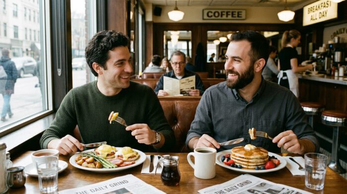 AI-generated image of two smiling men enjoying breakfast together in a classic diner. One has eggs Benedict with potatoes and asparagus, while the other eats pancakes topped with berries. Coffee, syrup, and newspapers sit on the table as other diners and a server appear in the softly blurred background.