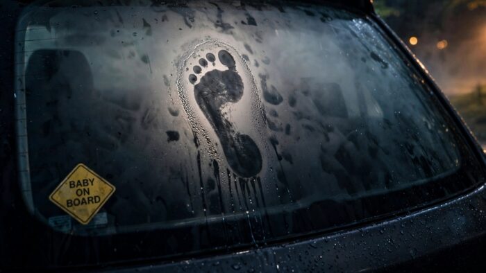 A footprint pressed into the condensation on a fogged car windshield, with a “Baby on Board” sign visible in the corner.