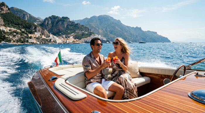 A couple enjoys cocktails aboard a classic wooden speedboat cruising along Italy’s Amalfi Coast, with sparkling blue water and dramatic mountains in the background.