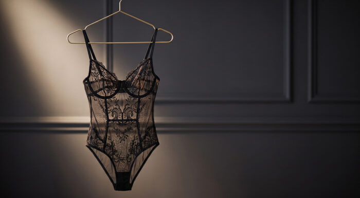 Black lace bodysuit hanging from a gold hanger against a dark paneled wall with soft, dramatic lighting.