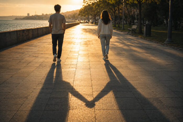 A man and woman walk separately along a waterfront promenade at sunset while their shadows appear to hold hands.