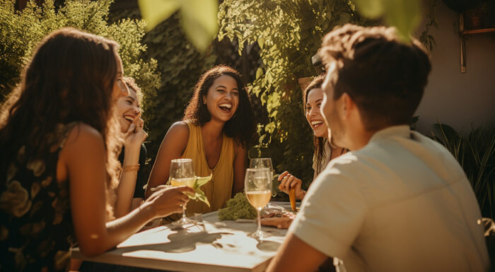 Friends gathered around an outdoor table in a lush garden, laughing and enjoying drinks together in warm afternoon sunlight. Leaves frame the scene, creating an intimate, relaxed atmosphere that conveys friendship, conversation, and shared moments.
