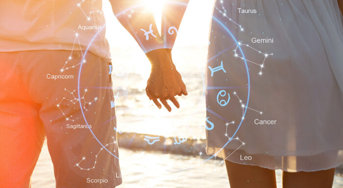 Couple holding hands at sunset with an astrological zodiac wheel and constellations overlaid across the image.