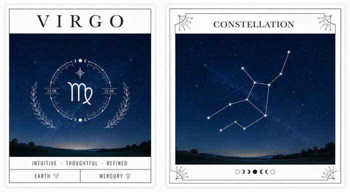 Virgo zodiac cards featuring the Virgo symbol and constellation against a deep blue star-filled night sky.