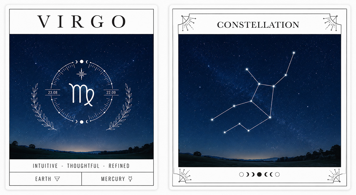 Virgo zodiac cards featuring the Virgo symbol and constellation against a deep blue star-filled night sky.