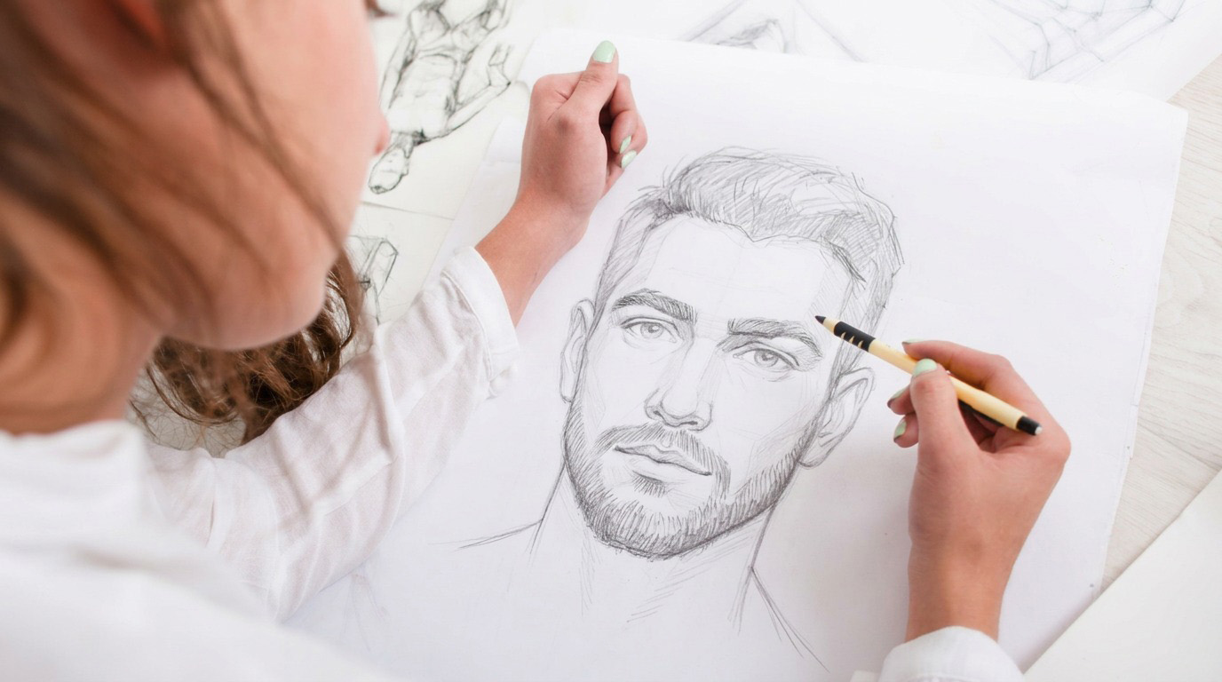 Artist sketching a man’s portrait in pencil on a large sheet of white paper.